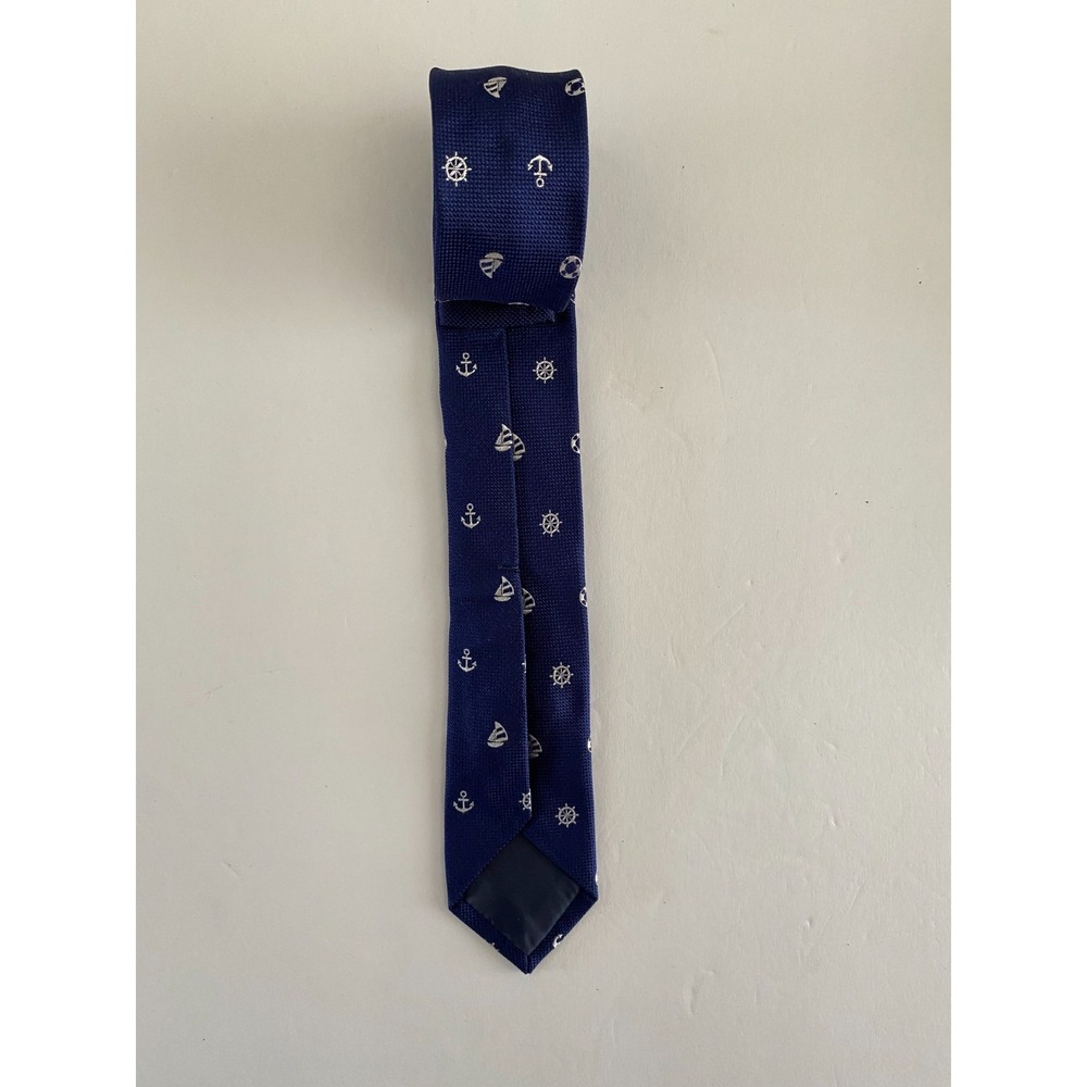 Zara Man Skinny Tie Blue Nautical Anchor Sailboat Wheel Italian Fabric #61 - Picture 2 of 4
